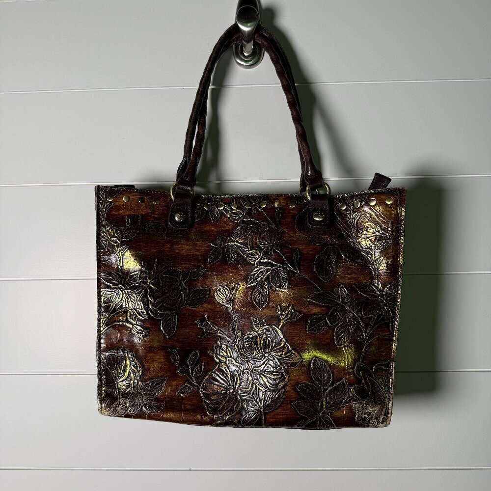 Brown Bark Leaves Floral Metalic Embossed Leather Tote Bag Read Description